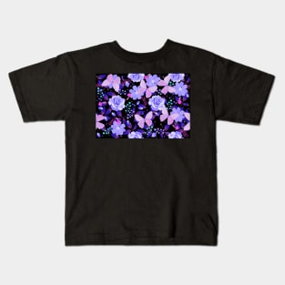 Purple Flora and Fauna Butterflies and Flowers on Black Kids T-Shirt
